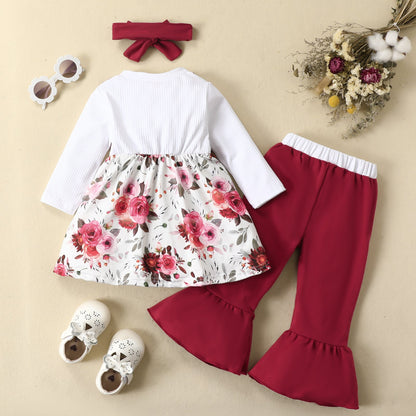 3 Pieces Set Baby Kid Girls Color-blocking Flower Bow Print Dresses And Ribbon Pants And Headwear Wholesale 220831558