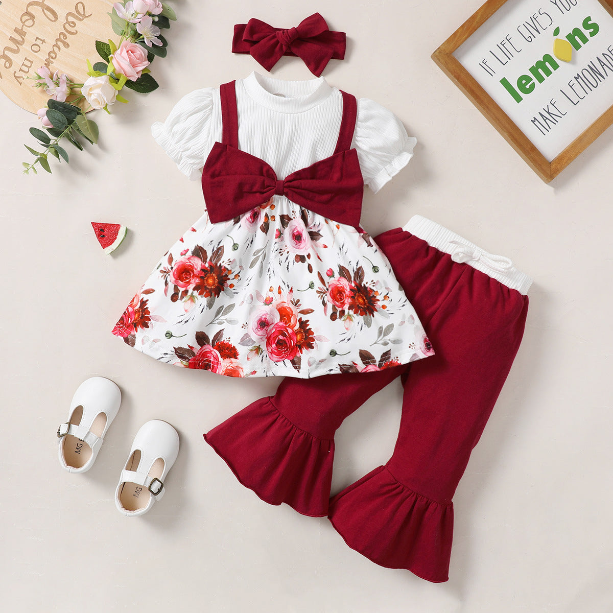 3 Pieces Set Baby Kid Girls Color-blocking Flower Bow Print Dresses And Ribbon Pants And Headwear Wholesale 220831558