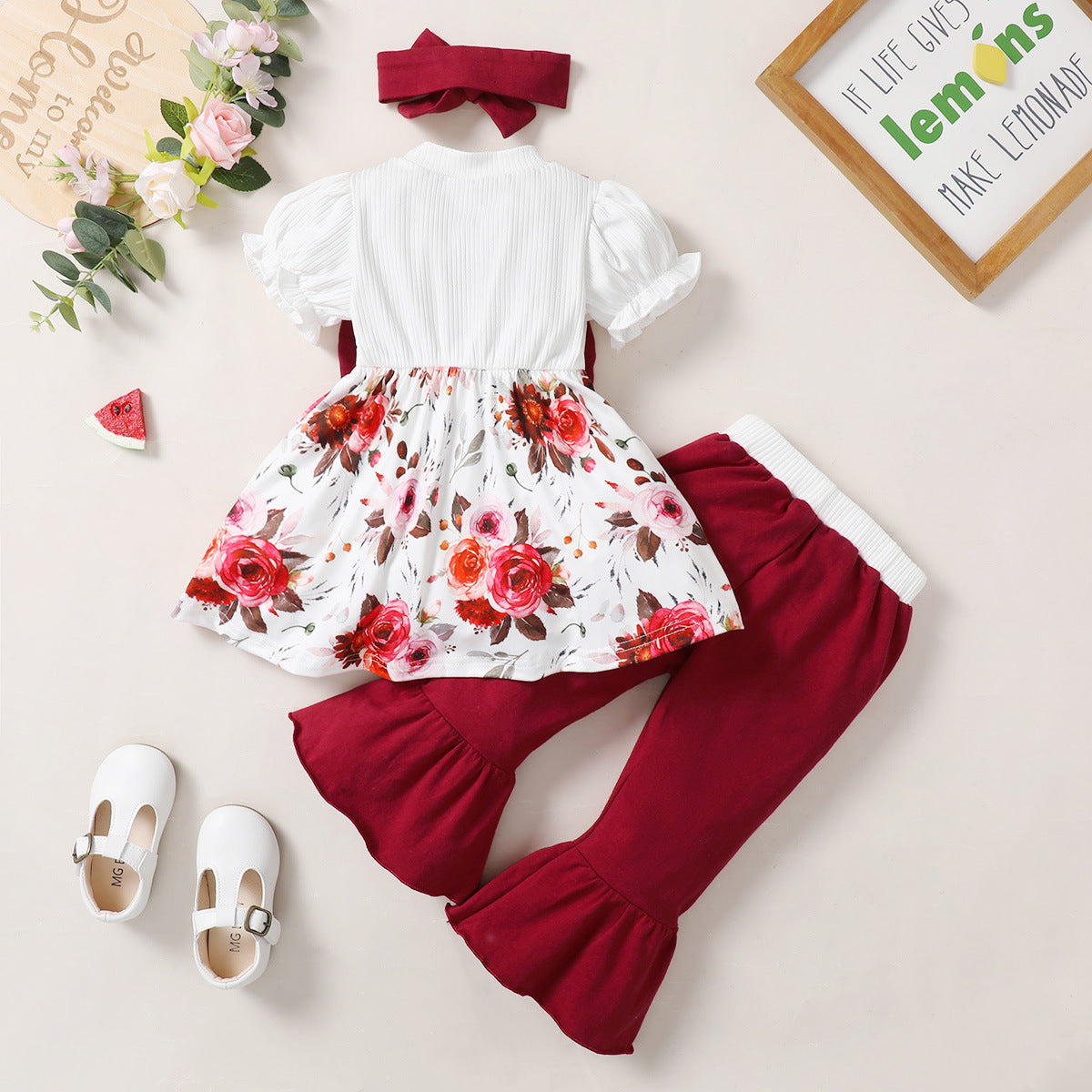 3 Pieces Set Baby Kid Girls Color-blocking Flower Bow Print Dresses And Ribbon Pants And Headwear Wholesale 220831558