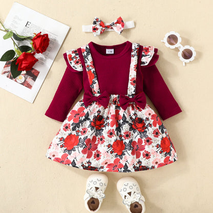 3 Pieces Set Baby Girls Dresses And Bow Headwear