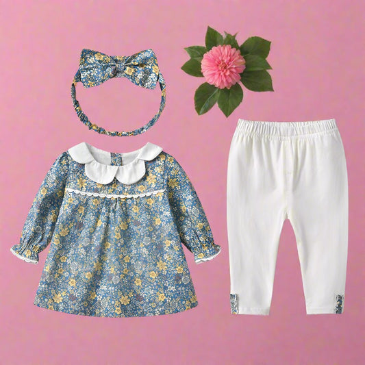 3 Pieces Set Baby Kid Girls Dresses And Pants And Bow Headwear