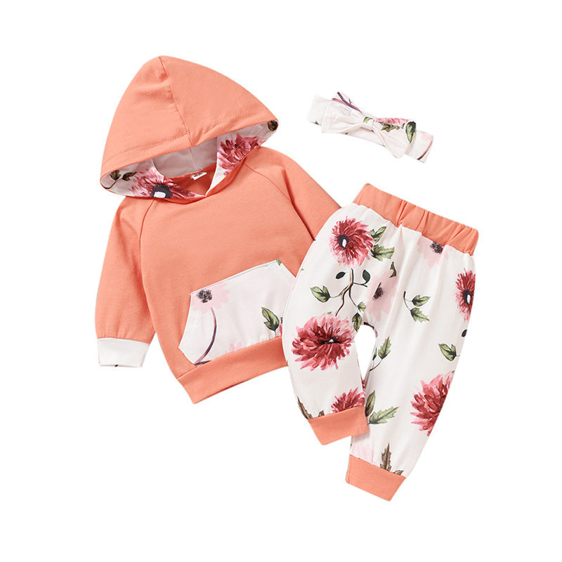 3 Pieces Set Baby Girls Flower Print Headwear Solid Color Hoodies Swearshirts And Pants Wholesale 220914354