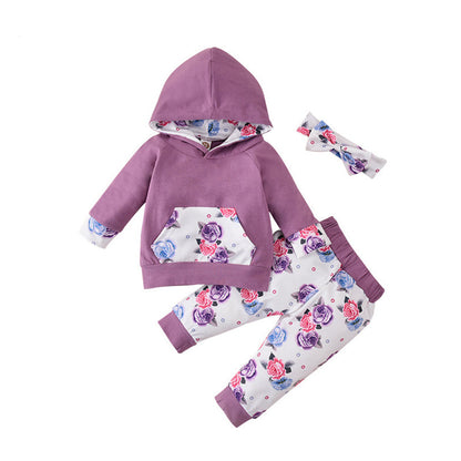 3 Pieces Set Baby Girls Flower Print Headwear Solid Color Hoodies Swearshirts And Pants Wholesale 220914354