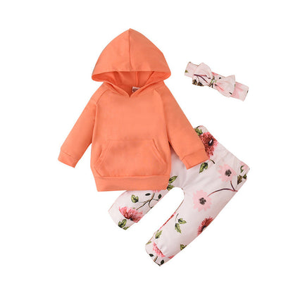 3 Pieces Set Baby Girls Flower Print Headwear Solid Color Hoodies Swearshirts And Pants Wholesale 220914354