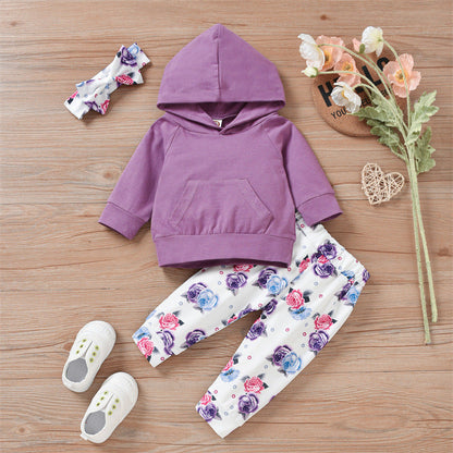 3 Pieces Set Baby Girls Flower Print Headwear Solid Color Hoodies Swearshirts And Pants Wholesale 220914354