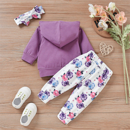 3 Pieces Set Baby Girls Flower Print Headwear Solid Color Hoodies Swearshirts And Pants Wholesale 220914354