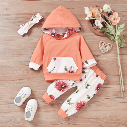 3 Pieces Set Baby Girls Flower Print Headwear Solid Color Hoodies Swearshirts And Pants Wholesale 220914354