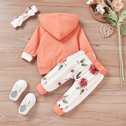 3 Pieces Set Baby Girls Flower Print Headwear Solid Color Hoodies Swearshirts And Pants Wholesale 220914354