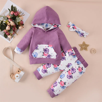 3 Pieces Set Baby Girls Flower Print Headwear Solid Color Hoodies Swearshirts And Pants Wholesale 220914354