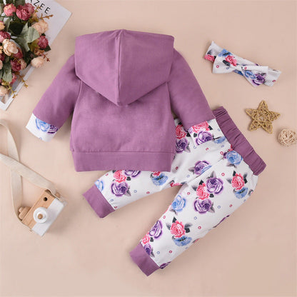 3 Pieces Set Baby Girls Flower Print Headwear Solid Color Hoodies Swearshirts And Pants Wholesale 220914354