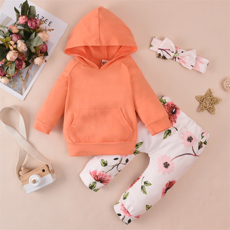 3 Pieces Set Baby Girls Flower Print Headwear Solid Color Hoodies Swearshirts And Pants Wholesale 220914354