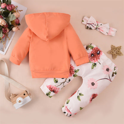 3 Pieces Set Baby Girls Flower Print Headwear Solid Color Hoodies Swearshirts And Pants Wholesale 220914354