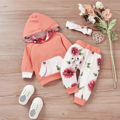 3 Pieces Set Baby Girls Flower Print Headwear Solid Color Hoodies Swearshirts And Pants Wholesale 220914354