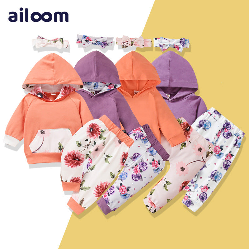 3 Pieces Set Baby Girls Flower Print Headwear Solid Color Hoodies Swearshirts And Pants Wholesale 220914354