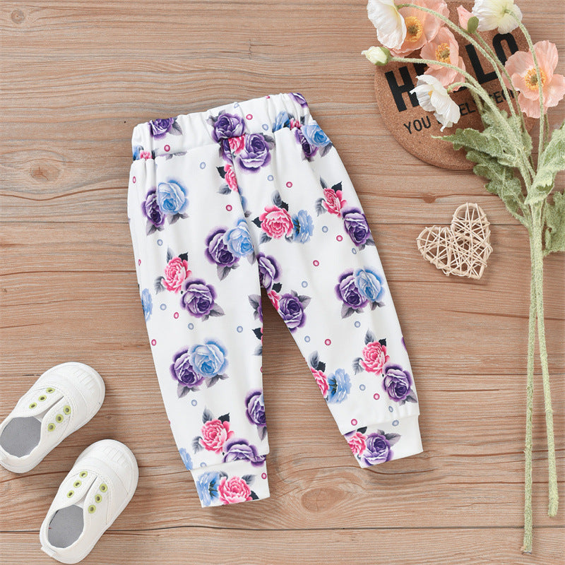 3 Pieces Set Baby Girls Flower Print Headwear Solid Color Hoodies Swearshirts And Pants Wholesale 220914354