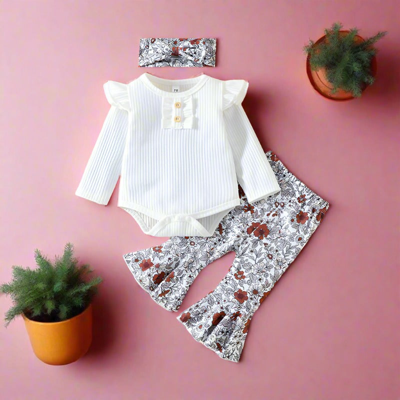 3 Pieces Set Baby Girls Solid Color Print Pants And Bow Headwear