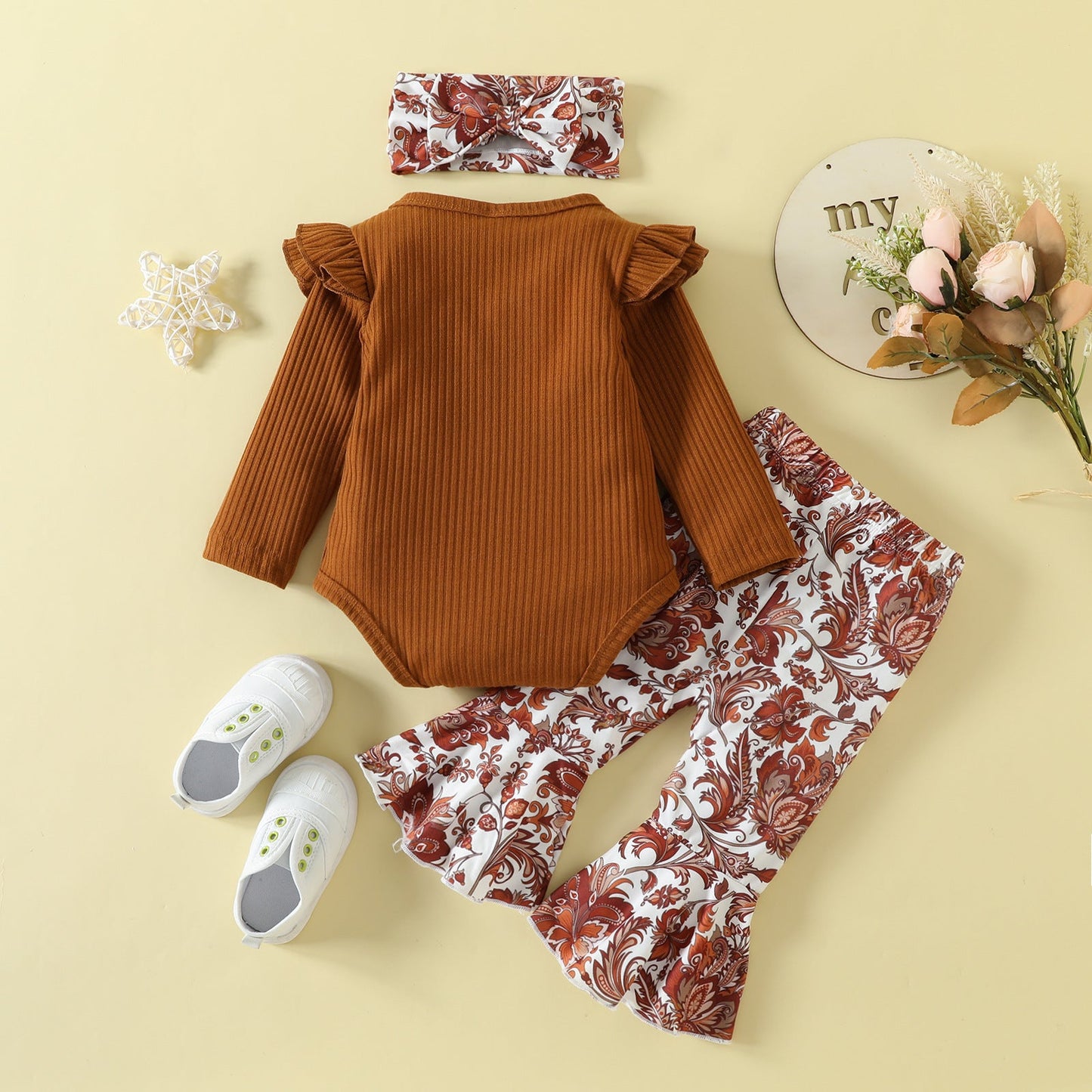 3 Pieces Set Baby Girls Solid Color Print Pants And Bow Headwear