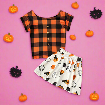 2 Pieces Set Baby Kid Girls Halloween Checked Print T-Shirts