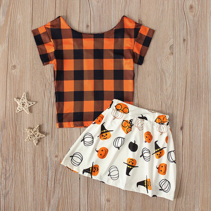 2 Pieces Set Baby Kid Girls Halloween Checked Print T-Shirts