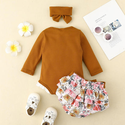 3 Pieces Set Baby Girls Color-blocking Lace Print Rompers Flower Shorts And Bow Headwear Wholesale 221101377