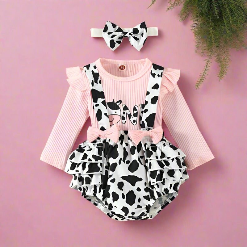 3 Pieces Set Girls Tops And Cow Rompers And Bow Headwear