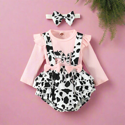 3 Pieces Set Girls Tops And Cow Rompers And Bow Headwear