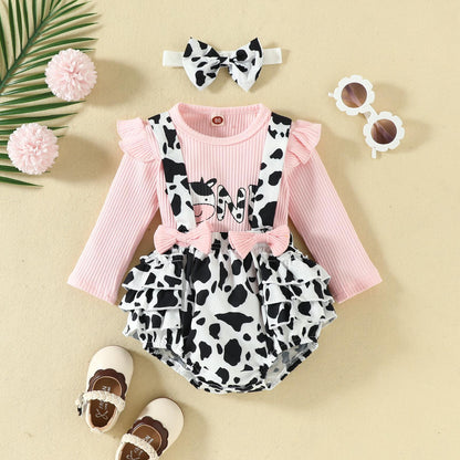 3 Pieces Set Girls Tops And Cow Rompers And Bow Headwear