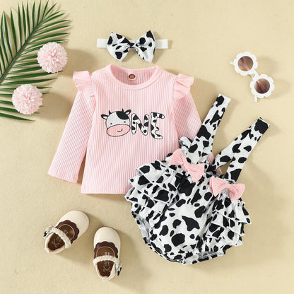 3 Pieces Set Girls Tops And Cow Rompers And Bow Headwear