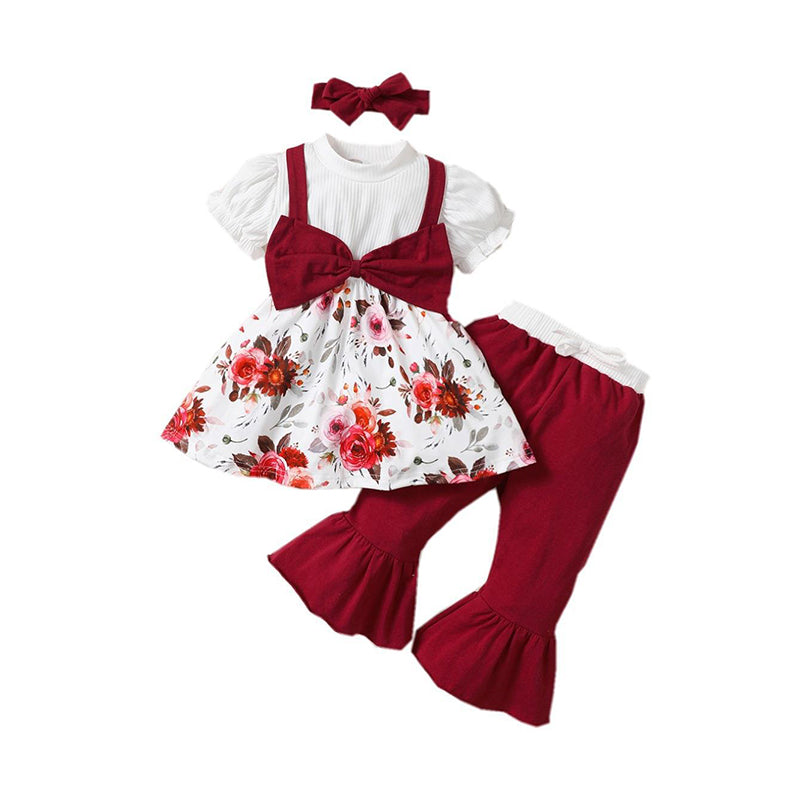 3 Pieces Set Baby Kid Girls Flower Print Dresses And Color-blocking Pants And Bow Headwear Wholesale 221101407