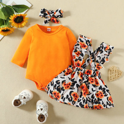 3 Pieces Set Baby Girls Flower Bow Print Headwear Dresses