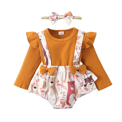 3 Pieces Set Baby Girls Solid Color Muslin&Ribbed Print Tops And Cartoon Rompers And Bow Headwear Wholesale 221101529