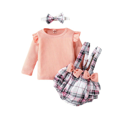 3 Pieces Set Baby Girls Solid Color Muslin&Ribbed Print Tops And Cartoon Rompers And Bow Headwear Wholesale 221101529