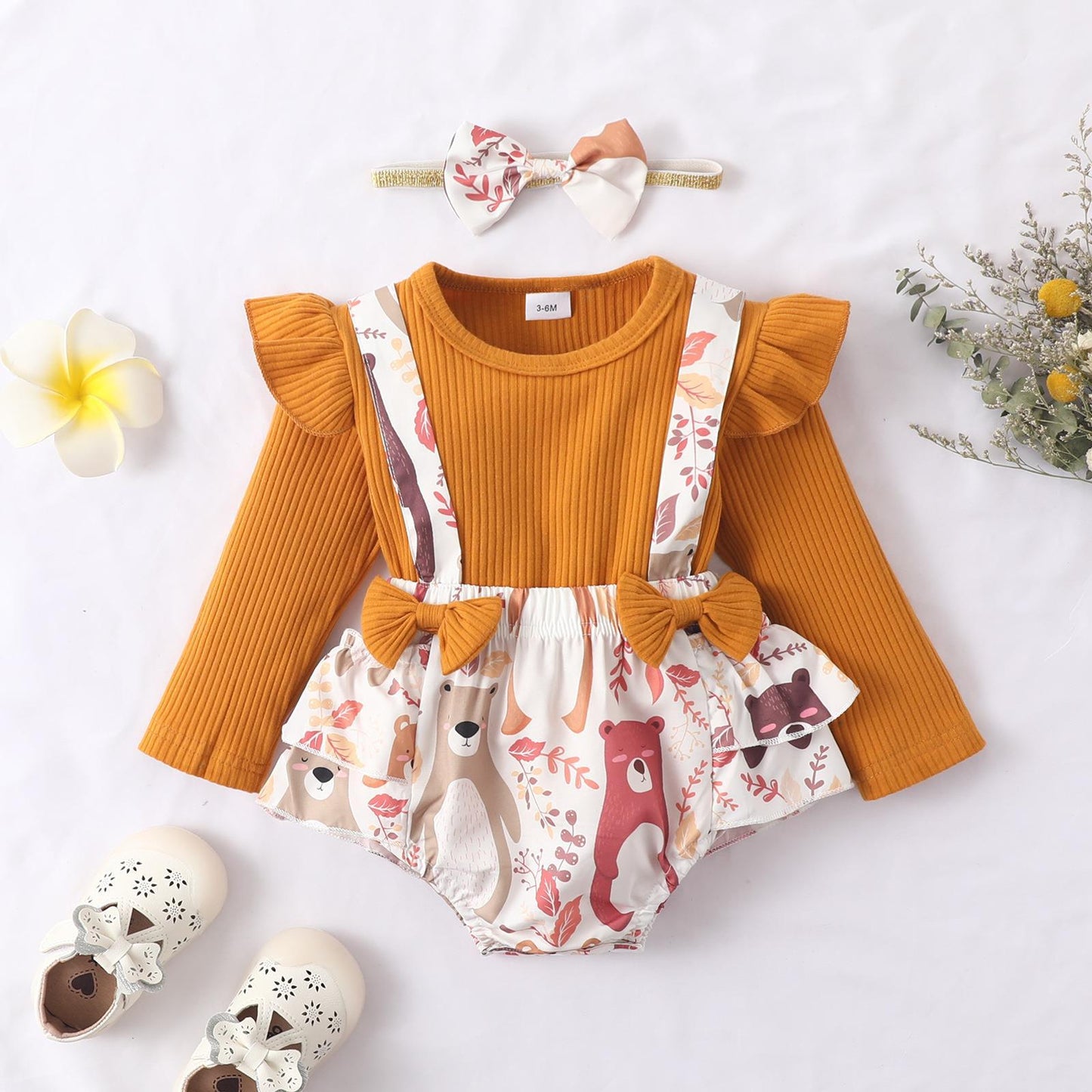 3 Pieces Set Baby Girls Solid Color Muslin&Ribbed Print Tops And Cartoon Rompers And Bow Headwear Wholesale 221101529