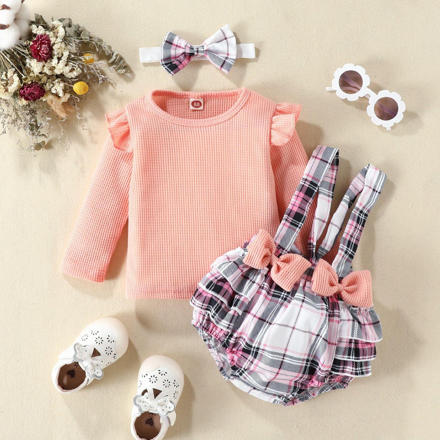 3 Pieces Set Baby Girls Solid Color Muslin&Ribbed Print Tops And Cartoon Rompers And Bow Headwear Wholesale 221101529