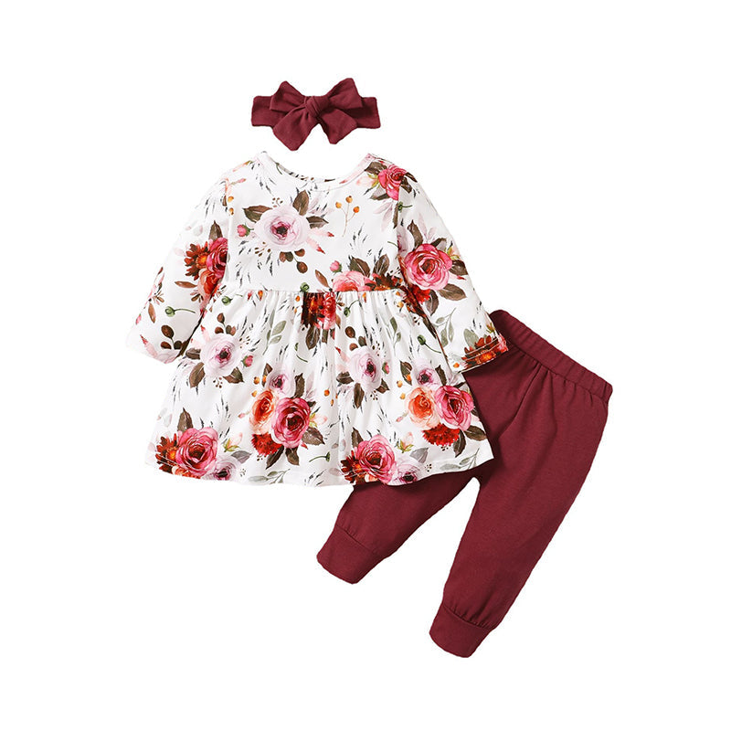 3 Pieces Set Kid Girls Tops Solid Color Pants And Bow Headwear