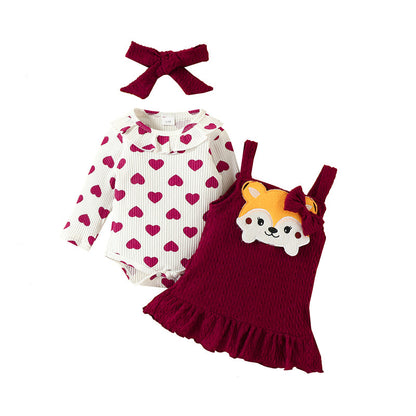 3 Pieces Set Baby Girls Love heart Print Rompers Cartoon Dresses And Bow Headwear Wholesale 221104556