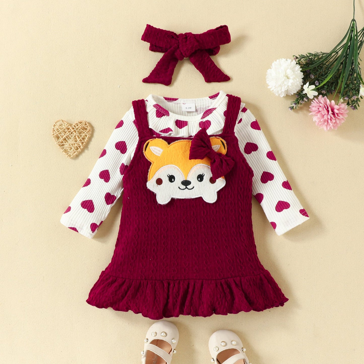 3 Pieces Set Baby Girls Love heart Print Rompers Cartoon Dresses And Bow Headwear Wholesale 221104556