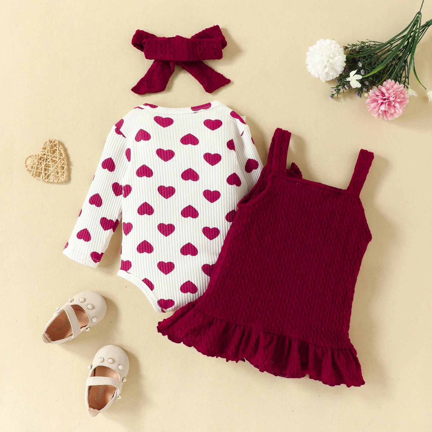 3 Pieces Set Baby Girls Love heart Print Rompers Cartoon Dresses And Bow Headwear Wholesale 221104556