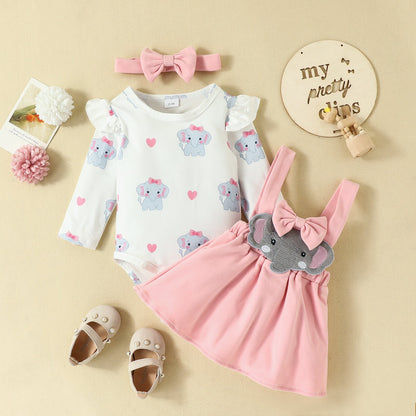 3 Pieces Set Baby Girls Rompers And Dresses And Bow Headwear