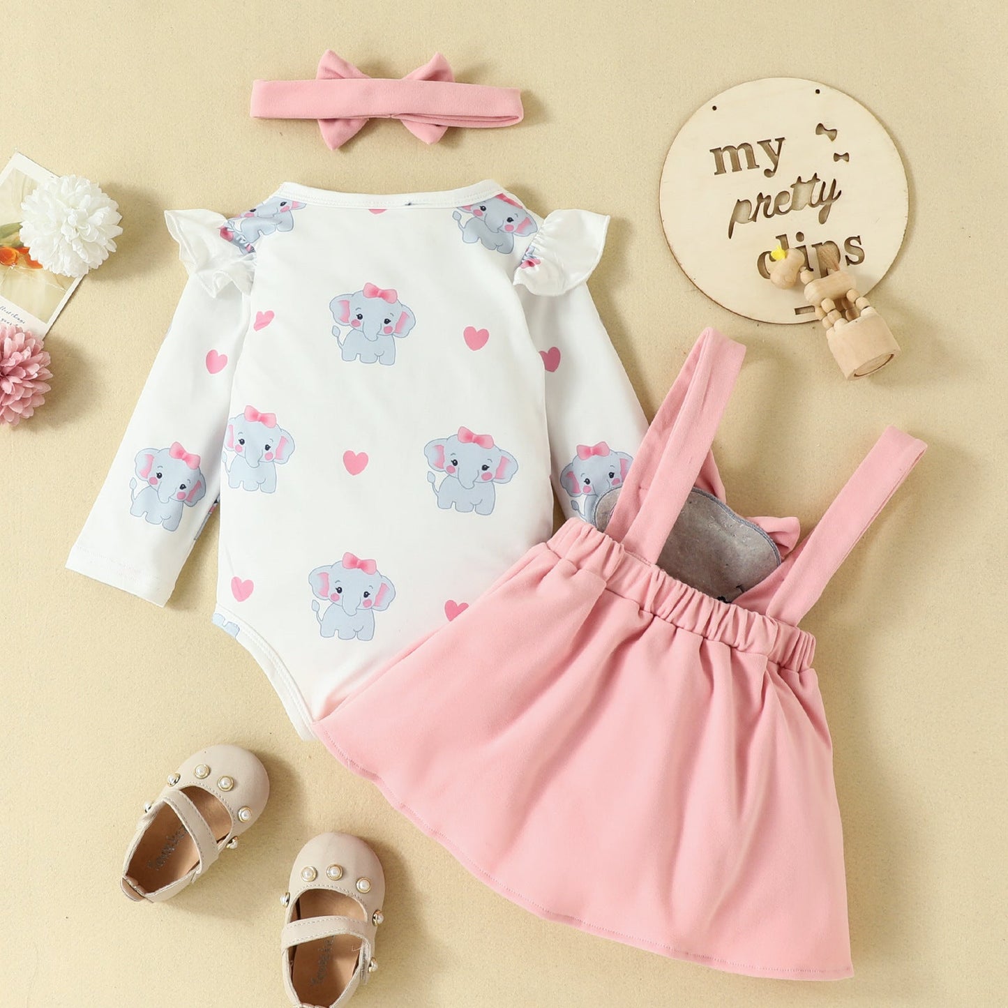 3 Pieces Set Baby Girls Rompers And Dresses And Bow Headwear