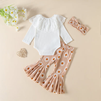 3 Pieces Set Baby Girls Lace Print Rompers Flower Pants And Bow Headwear Wholesale 221206830