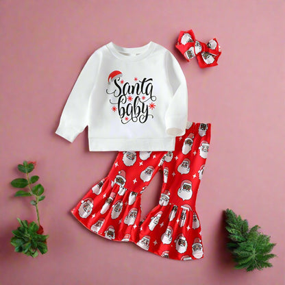 3 Pieces Set Kid Girls Christmas Tops Pants And Bow Headwear