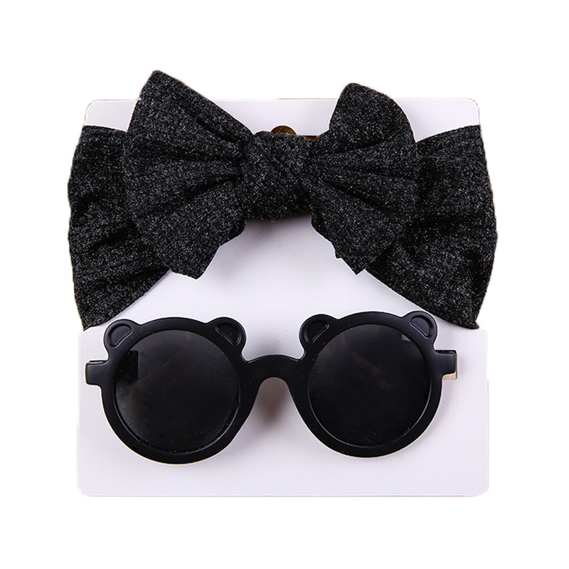 2 Pieces Set Girls Solid Color Cartoon Glasses And Bow Headwear