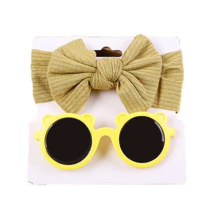 2 Pieces Set Girls Solid Color Cartoon Glasses And Bow Headwear