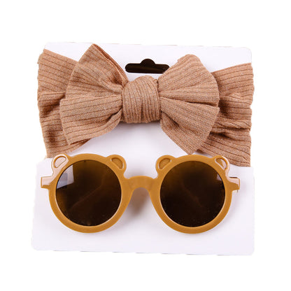 2 Pieces Set Girls Solid Color Cartoon Glasses And Bow Headwear