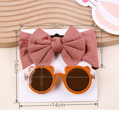 2 Pieces Set Girls Solid Color Cartoon Glasses And Bow Headwear