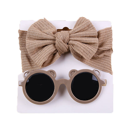 2 Pieces Set Girls Solid Color Cartoon Glasses And Bow Headwear