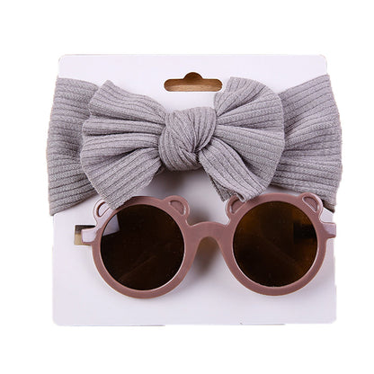 2 Pieces Set Girls Solid Color Cartoon Glasses And Bow Headwear