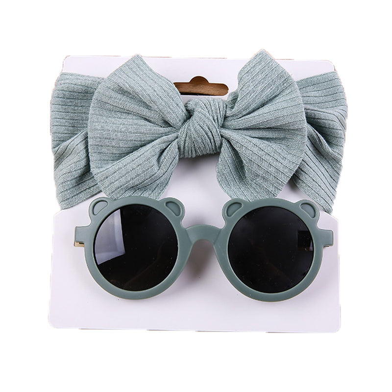 2 Pieces Set Girls Solid Color Cartoon Glasses And Bow Headwear