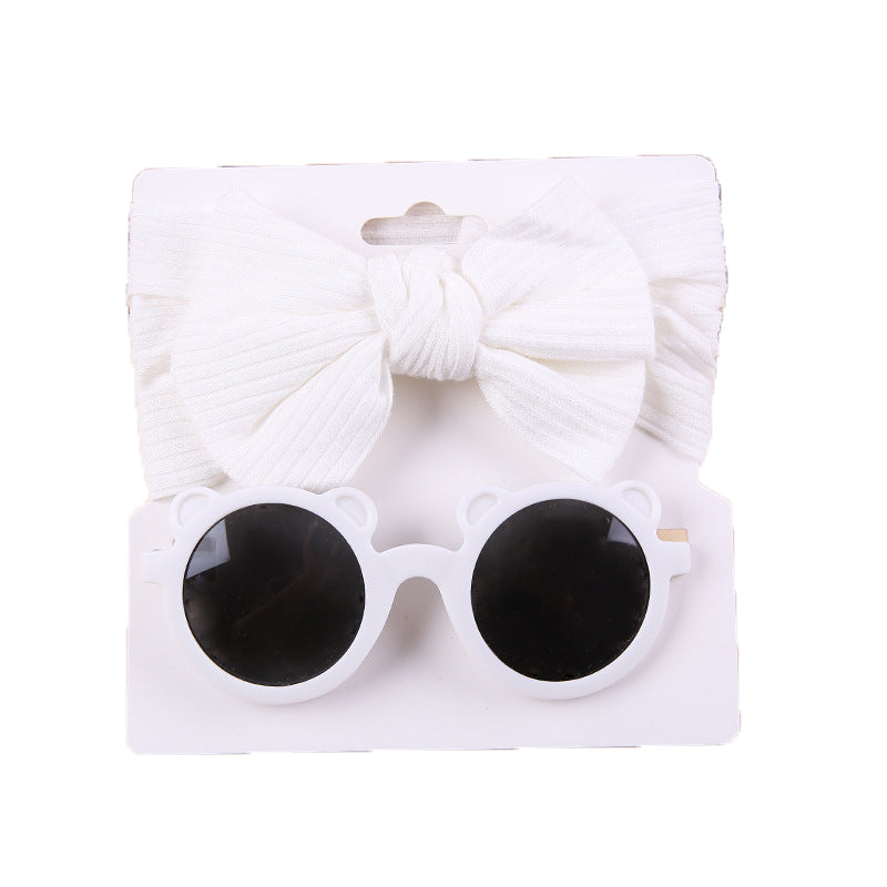 2 Pieces Set Girls Solid Color Cartoon Glasses And Bow Headwear